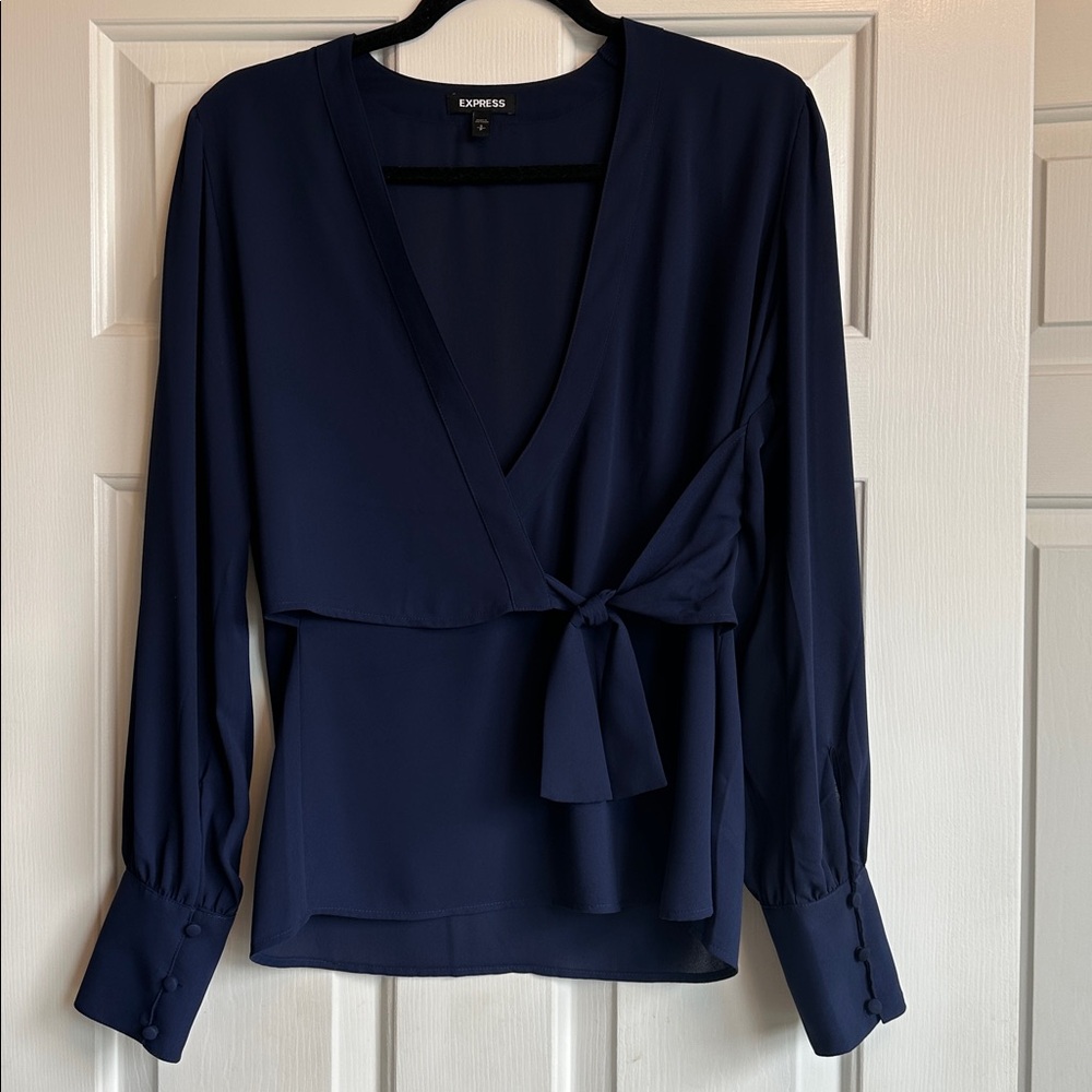 Express Deep Blue Tie-Front Long Sleeve Blouse. Size S